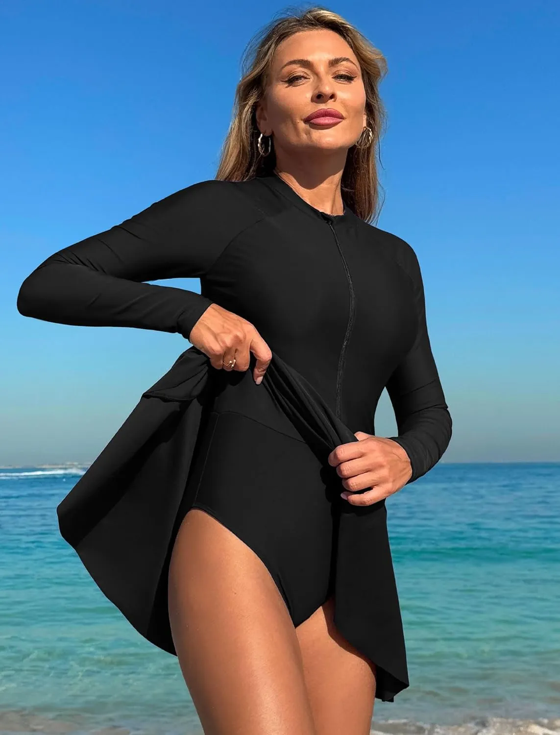 ZAFUL Women's One Piece Rash Guard Long Sleeve Modest Swimsuits Dress Zipper Bathing Suit Swimskirt