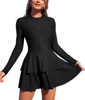 ZAFUL Women's One Piece Rash Guard Long Sleeve Modest Swimsuits Dress Zipper Bathing Suit Swimskirt