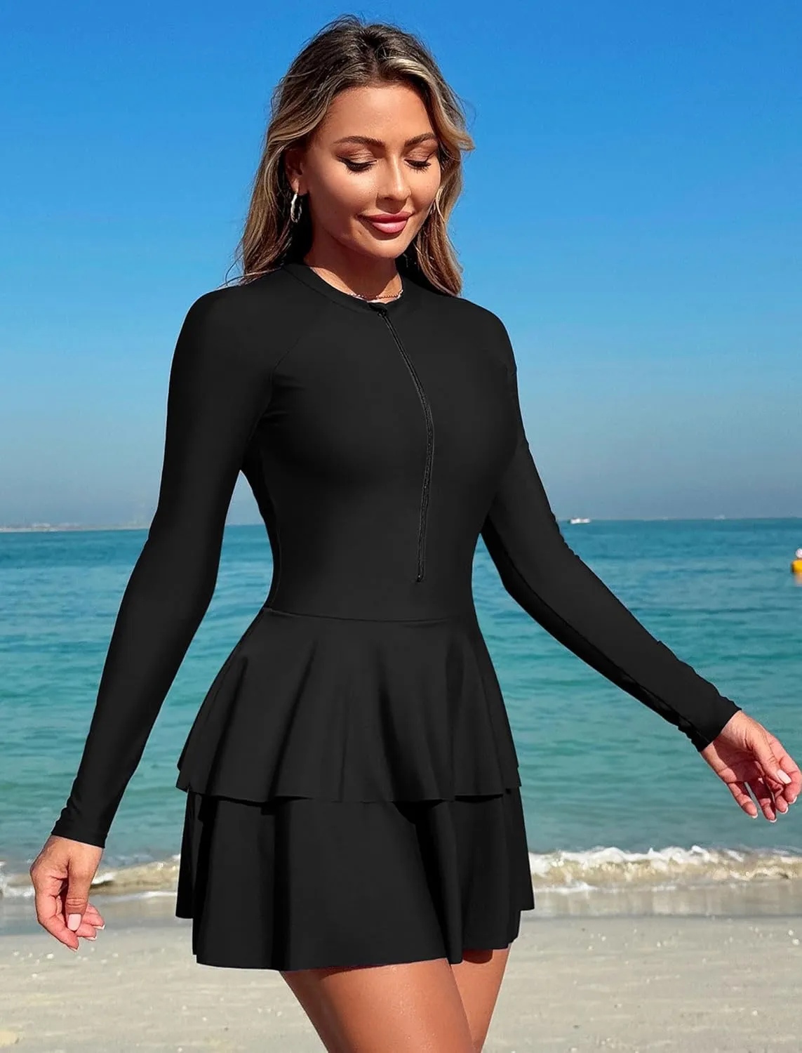 ZAFUL Women's One Piece Rash Guard Long Sleeve Modest Swimsuits Dress Zipper Bathing Suit Swimskirt